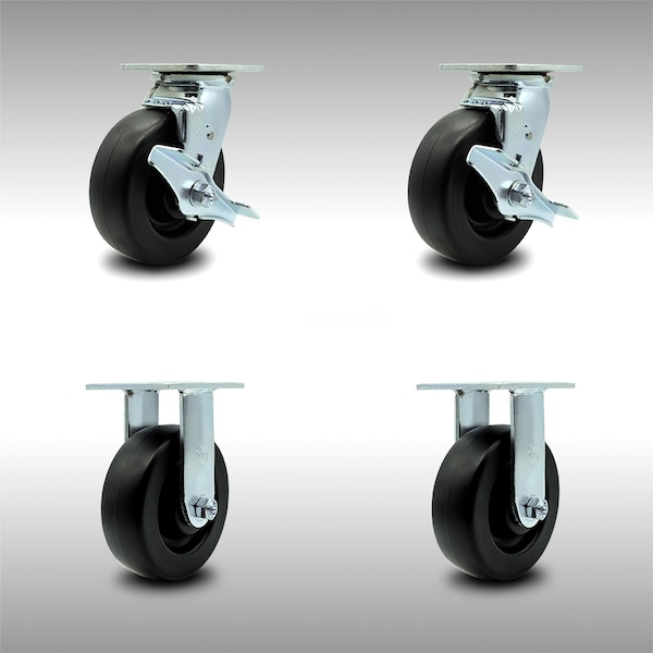 6 Inch SS Polyolefin Caster Set with Ball Bearings 2 Brakes 2 Rigid SCC